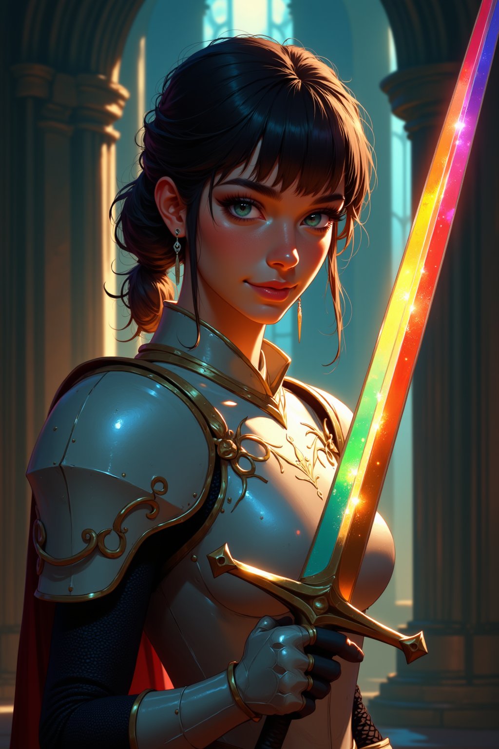 a Female brazilian knight in full armor, , white armor with gold embellishments, bangs, earrings, holding a legendary sword by the hilt, the sword glowing rainbow, in a gothic cathedral, shafts of light from the windows, High Definition HD, High Detail, Perfect Composition, dark fantasy movie, cowboy shot. digital art