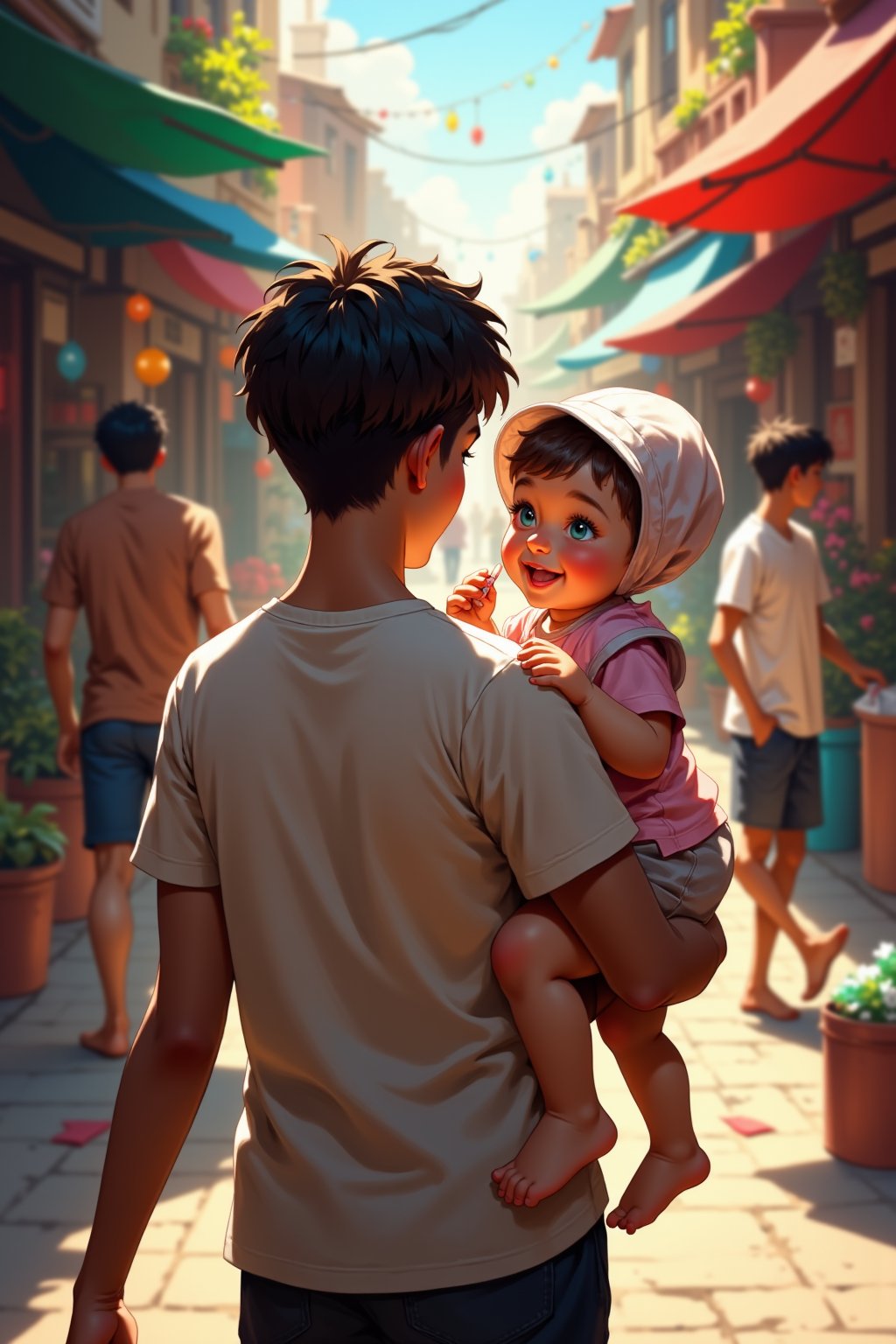  a 16 year old boy carrying his baby sister. they are walking in a bustling market, the baby is holding a lollipop and is wearing a bonnet. ZeroK digital art