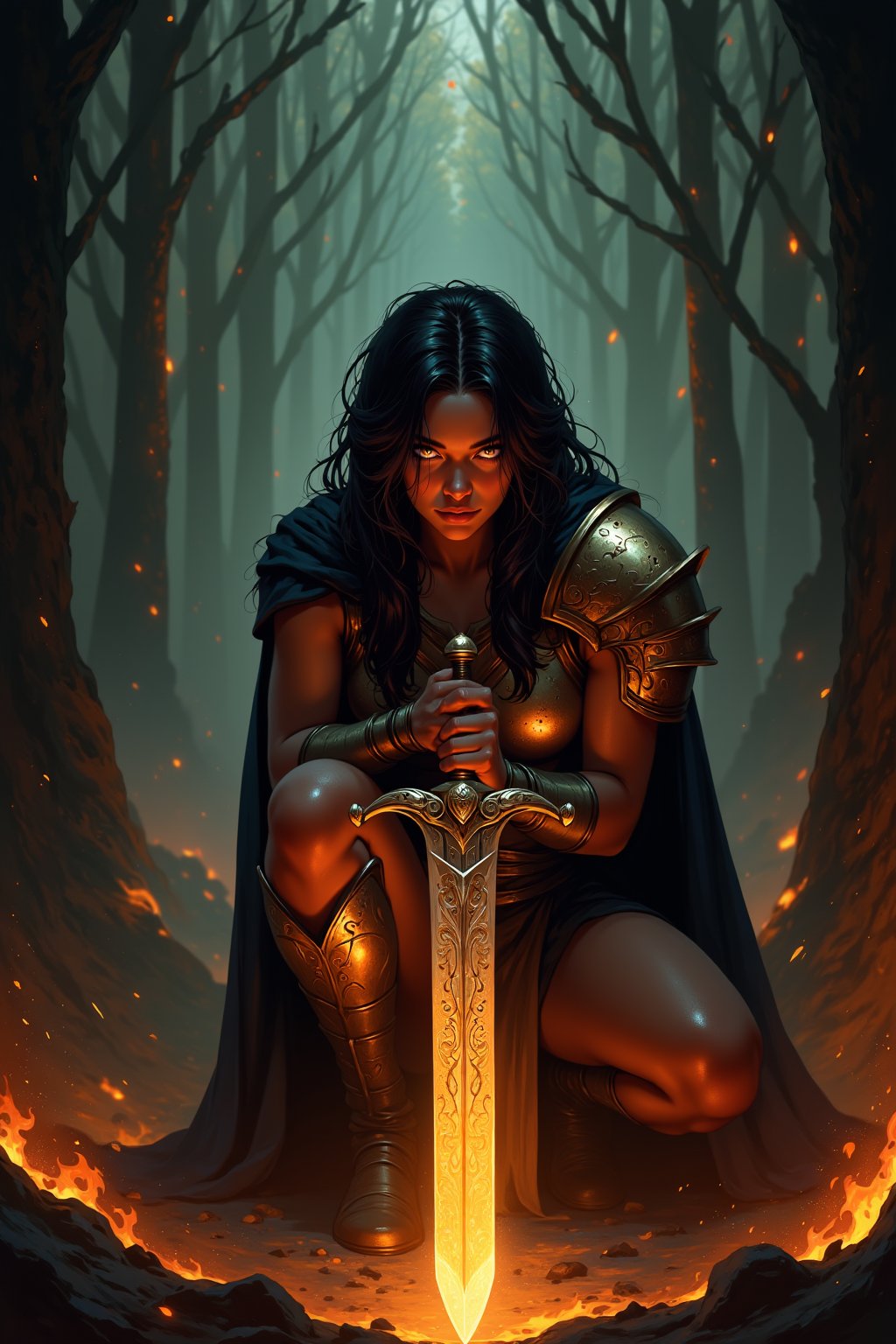 A fierce female warrior crouched low, gripping a long, ornate sword with both hands, illuminated by a fiery orange aura that highlights intricate golden designs on the blade and hilt; rugged expression, dark tousled hair flowing freely, clad in elaborate metallic armor with a dark cloak draping over his back; misty twilight forest background with dark looming trees, smoky ethereal air, glowing embers and sparks around; earthy browns, oranges, and golds dominate the scene, contrasting with cooler dark greens and grays of the forest, creating a mystical, intense atmosphereZeroK digital art