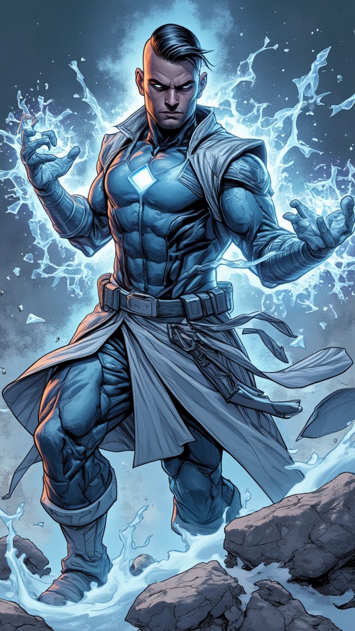 Handsome man with ice power, marvel comic style,PTAIWcomic