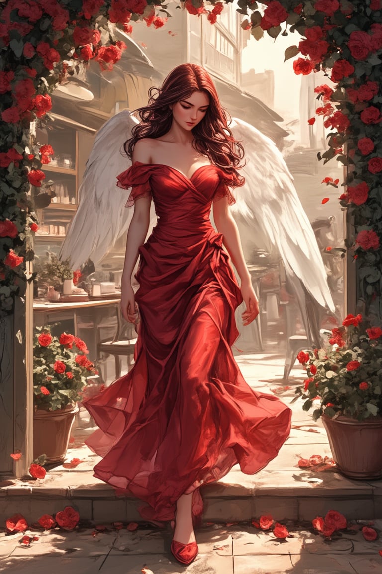 Pretty woman, slim body, red dress, impressive dress, (angel:1.4), walking out of the coffee shop, flowers decoration, natural light,PTAIWcomic