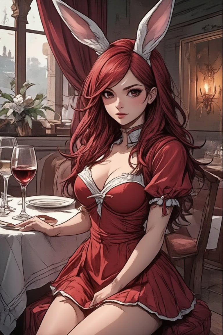 a woman, bunny ear, sit, allure dress, 2 string fashion dress, table dinner, wine glass, cozy room, enjoy face. Ezra scarlet,PTAIWcomic