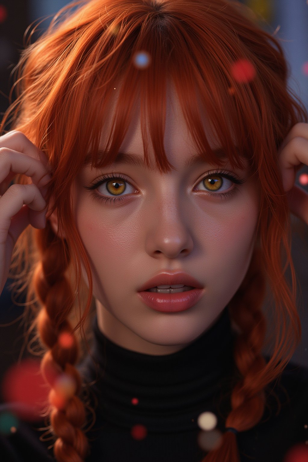 Create an ultra-realistic, photorealistic image of a stunning anime portrait of a red-haired girl with intense yellow eyes, showcasing intricate hand details and braided hair. Capture her in a close-up view, dressed in dark clothing with strong light and shadow contrasts accentuating her features. Her 17-year-old face should be rendered with perfect skin texture, realistic pores, and subtle facial expressions. The background should be equally detailed, with vibrant colors and dynamic particles swirling around her, as if taken by a Sony Alpha 7R IV camera with a Zeiss Otus 85mm F1.4 lens, ISO 100, shutter speed 1/400, resulting in a vivid picture with an analog feel.