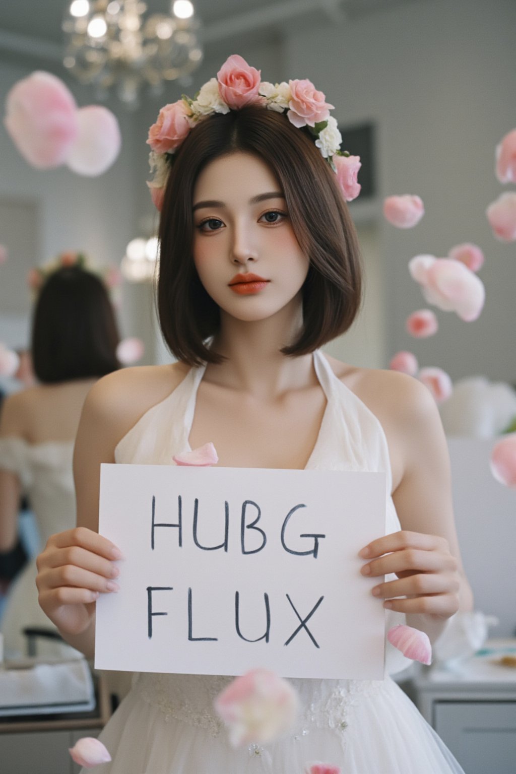 A Wong Kar Wai style movie masterpiece. A young woman Holding up a sign that says, "HUBG FLUX." wearing a flower wreath stands confidently in front of a mirror, She dons a flowing white wedding dress with halter neckline and deep V-neckline, its sheer fabric catching the soft light. Her dark hair, styled in a bob with bangs, frames her serious expression as she meets the camera's gaze. The room behind her is blurred, but a chandelier hangs from the ceiling, adding to the elegant and romantic ambiance.Her petite figure is framed in the floating petals. The wide-angle lens captures the scene at a color temperature of 3200K, and the quality of the raw photo is breathtaking.