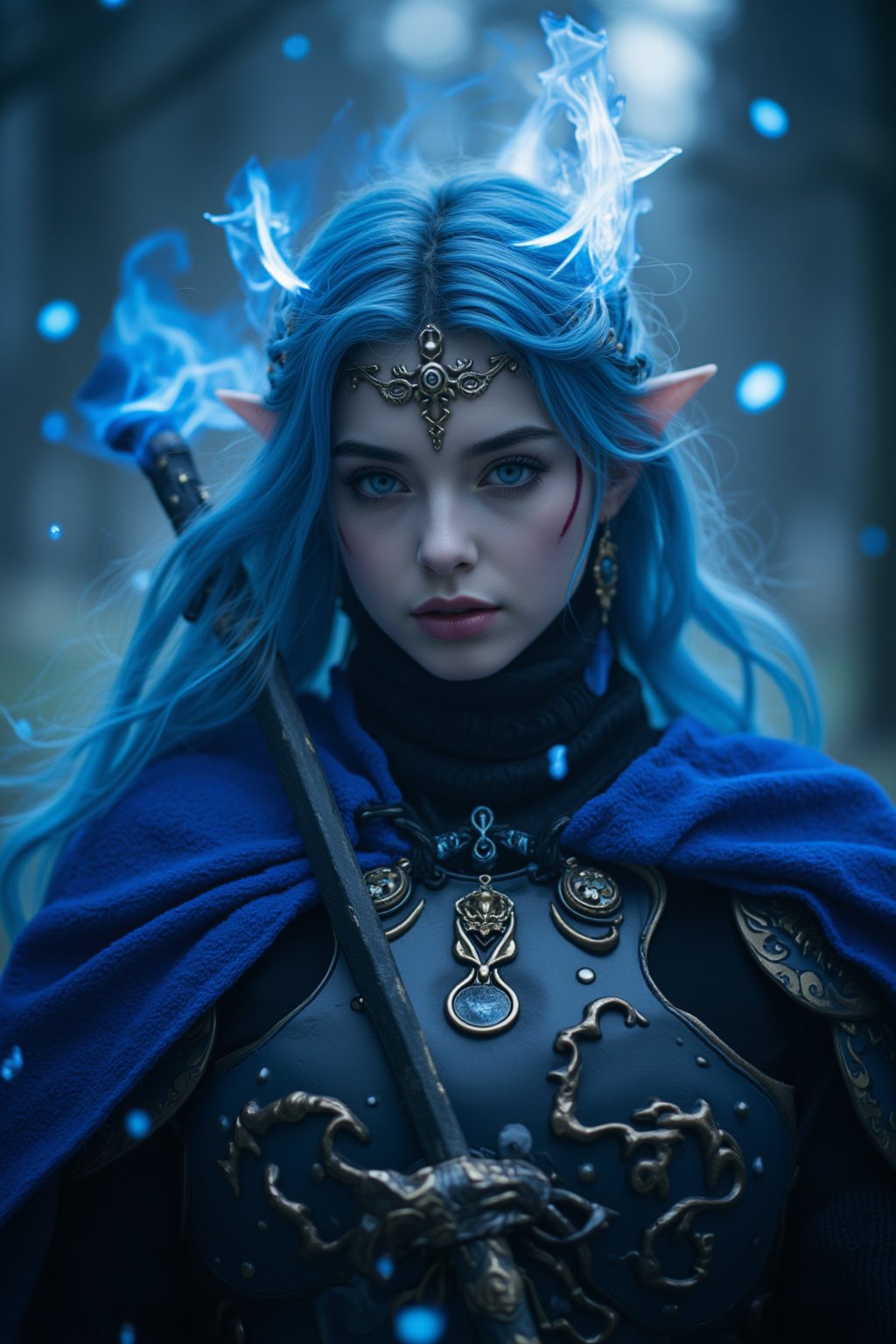 (ultra realistic,best quality),photorealistic,Extremely Realistic,in depth,cinematic light,hubggirl,from below,sky blue hair,sky blue eye,hair ornament,cute,dark king,sky blue cape,The armor was inlaid with gold filigree and onyx,and ice-carved with glowing blue runes,fantasy art,blue flame,full moon,samurai sword,ultra-realistic detail,Ultra detailed,The composition imitates a cinematic movie,The intricate details,sharp focus,