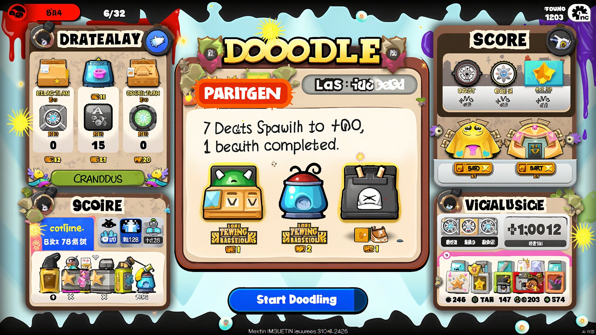 The game interface. The central frame is designed as an irregular pattern of spray paint cans, with sputtered paint effects on the edges. The current doodle task and creation tool are displayed in the pop-up box. On the left are the player's doodle portfolio and score, and on the right are the doodle challenges and reward tips to be completed. There is a "Start Doodling" button below, and when clicked, the pop-up box will play a doodle animation, showing the character's creation process on the wall