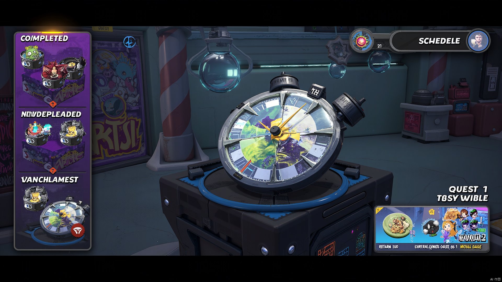 This activity interface is futuristic, with a graffiti-style time gap in the background and space debris suspended in the air. The central activity schedule is displayed as a giant broken clock, time nodes are marked in graffiti style, and each completed task will fill in the cracks in the clock. On the left side, quests completed and rewards earned are displayed in a light and shadow pattern, while on the right side is a preview of challenges and rewards to be unlocked