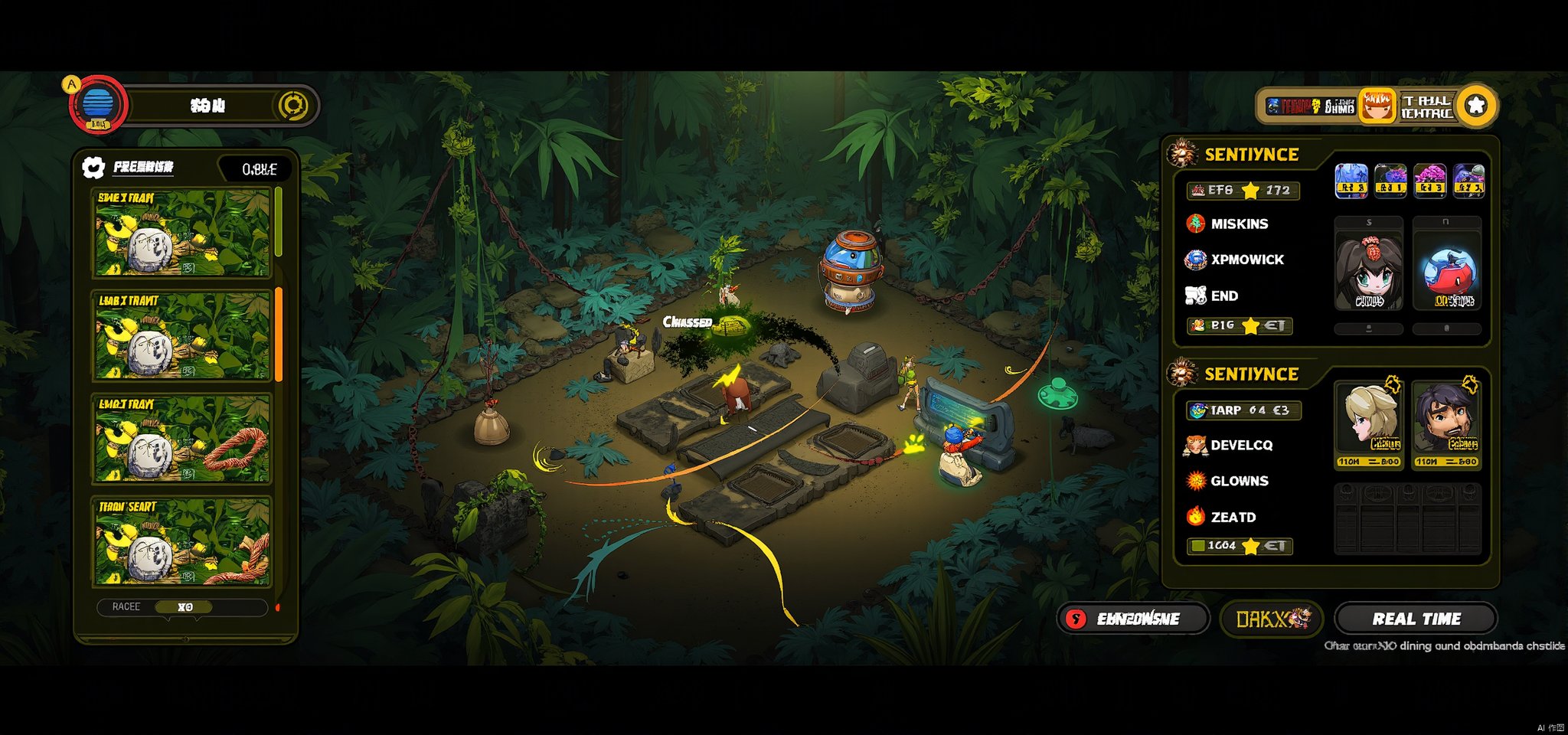 Designed for multi-person jungle adventures, the interface is set against a graffitied tropical jungle, with trees and vines forming a natural track. The central area shows the progress of the race, and the mission objectives are designed as a colored path, with the start and end points marked by giant ICONS. On the left is the player's personal progress bar, shown as a growing vine, with collected plant samples lighting up on the progress bar. On the right is a real-time tournament leaderboard in multiplayer mode, showing each player's mission progress and ranking