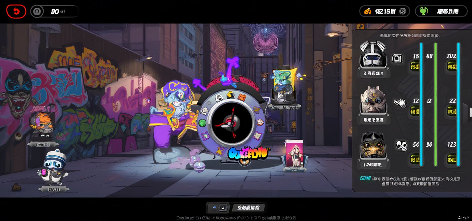 The interface presents a fierce graffiti racing challenge. The backdrop is a bustling city wall covered with unfinished graffiti, which players have a limited time to complete. The central timer is designed in the shape of a giant spray can, with colored smoke rising from the mouth of the spray can and dissipating over time. The left side shows the current player's score and graffiti progress, in the form of spray paint pattern. The right side shows other players' progress bars, along with their avatars and score leaderboards