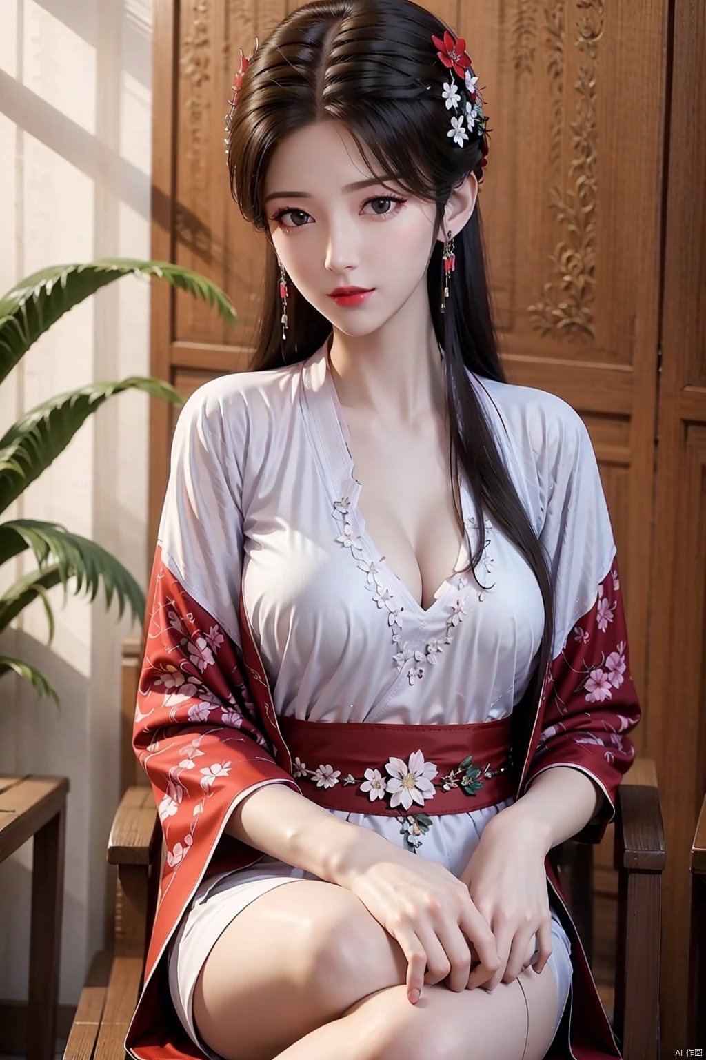  8K image.black hair,GG,,苏檀儿-赘婿,1girl, solo, breasts, looking at viewer, large breasts, brown hair, hair ornament, dress, cleavage, bare shoulders, sitting, collarbone, flower, indoors, hair flower, hair bun, window, chair, chinese clothes, red dress, table, red flower, red lips