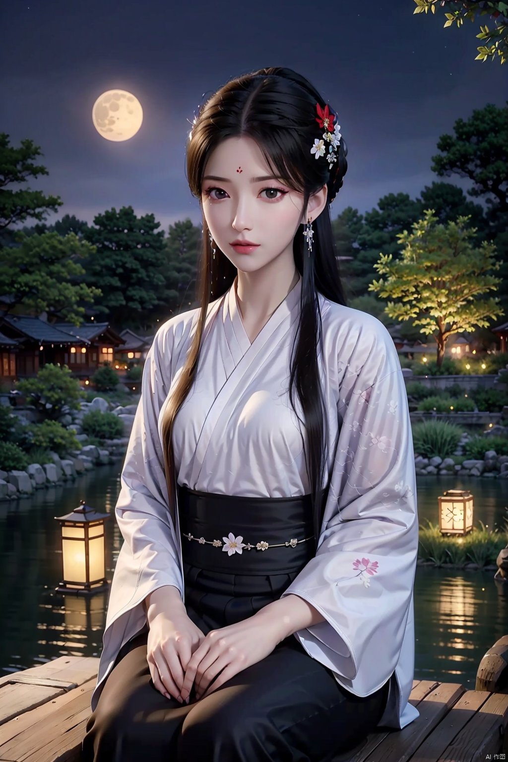  8K image.black hair,GG,,苏檀儿-赘婿,1girl, solo, long hair, looking at viewer, black hair, hair ornament, long sleeves, jewelry, sitting, closed mouth, flower, earrings, outdoors, sky, hair flower, kimono, water, tree, sash, night, facial mark, floral print, moon, night sky, full moon, lantern, forehead mark, hands on lap