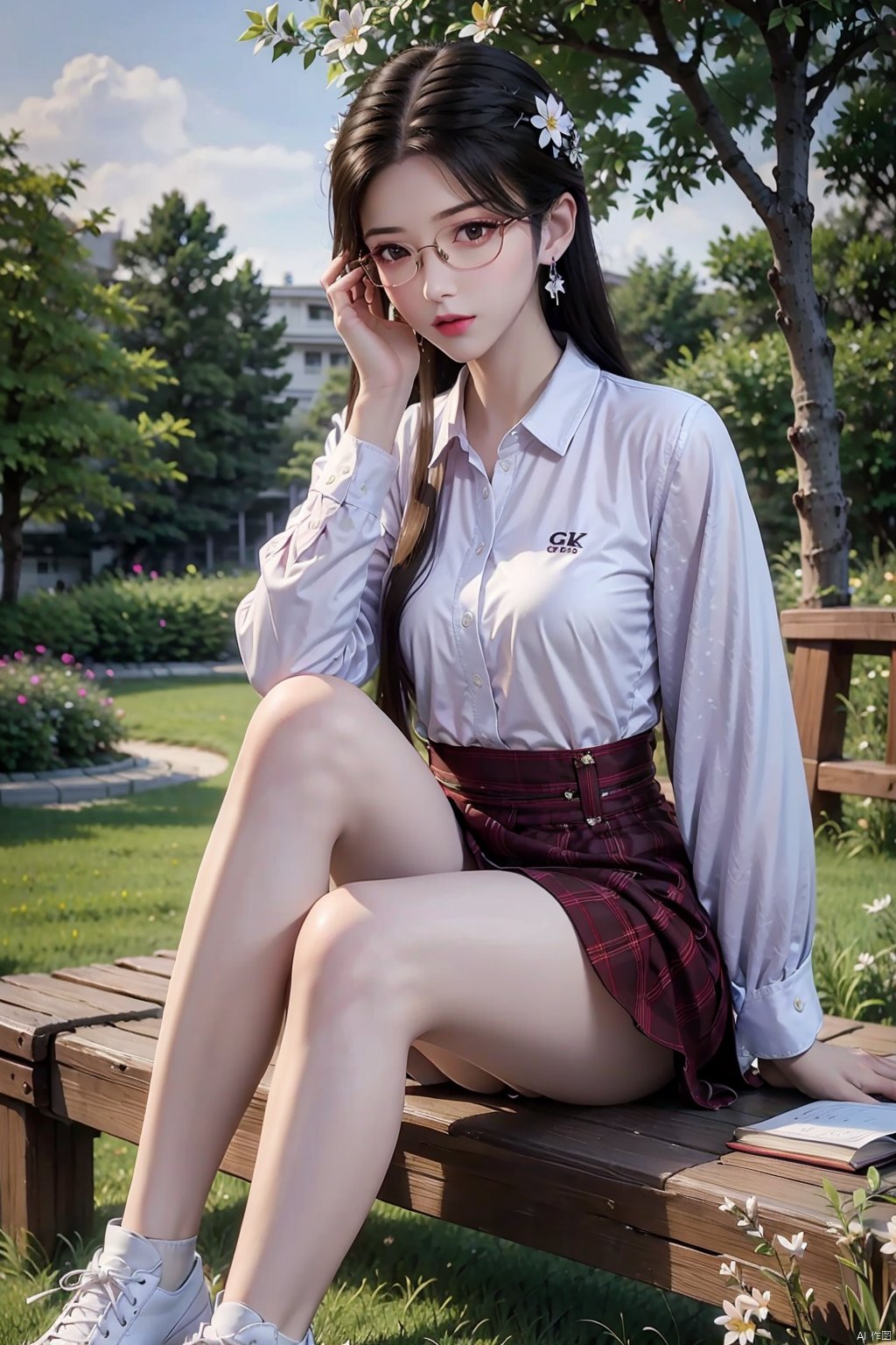  8K image.black hair,GG,,苏檀儿-赘婿,1girl, solo, long hair, looking at viewer, skirt, brown hair, shirt, long sleeves, brown eyes, jewelry, sitting, white shirt, flower, earrings, outdoors, shoes, glasses, day, collared shirt, tree, lips, legs, book, plaid, bare legs, plaid skirt, white footwear, grass, pink flower, open book