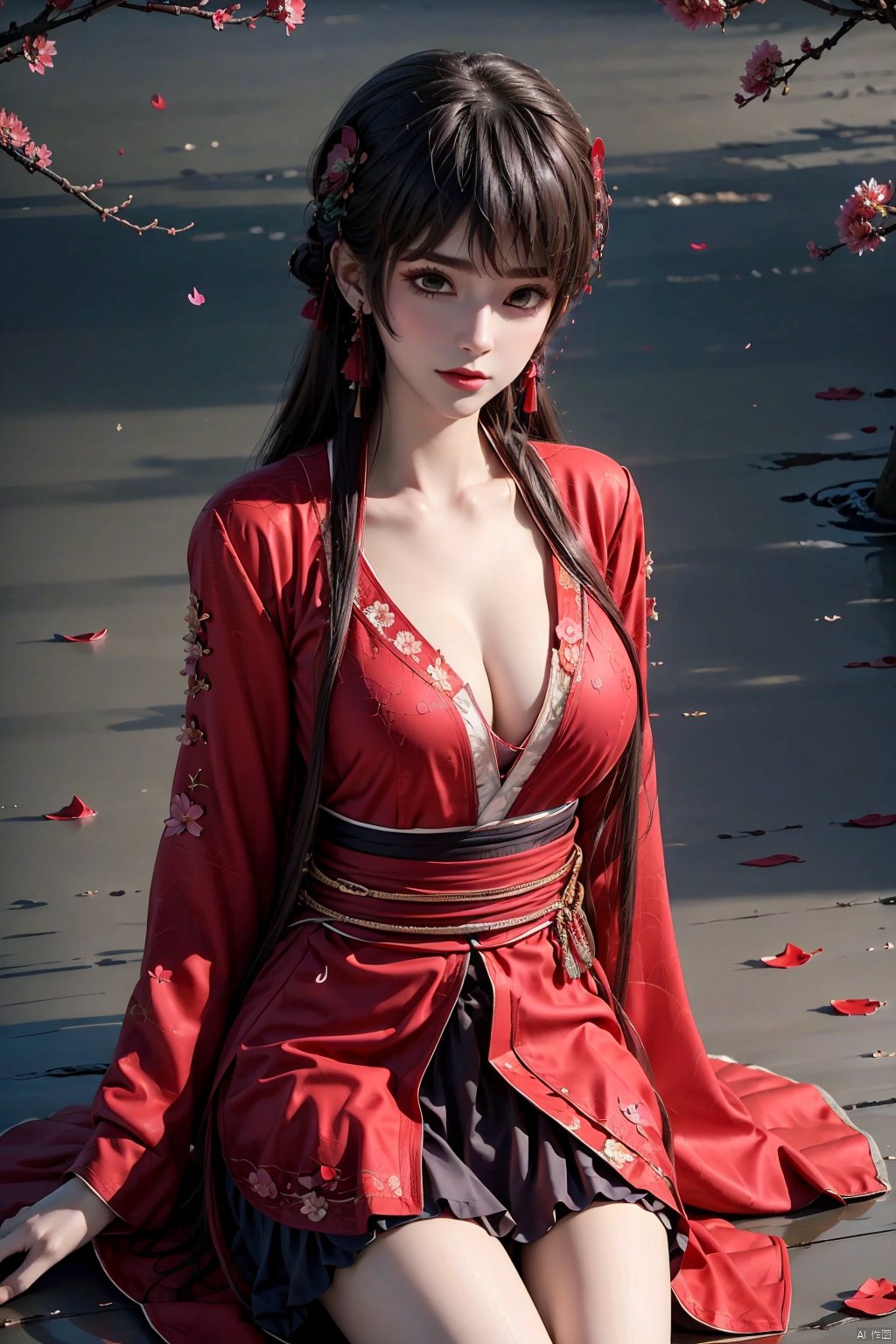  8K image.black hair,GG,1girl, solo, long hair, breasts, looking at viewer, brown hair, black hair, hair ornament, long sleeves, dress, cleavage, jewelry, sitting, flower, earrings, sash, petals, chinese clothes, red dress, bug, butterfly, falling petals, hanfu