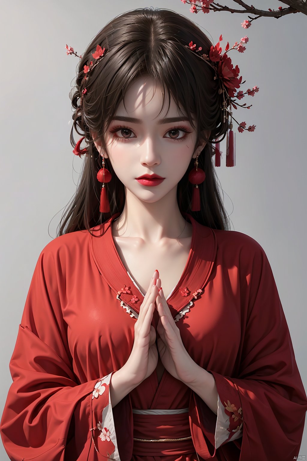  8K image.black hair,GG,,1girl, solo, long hair, looking at viewer, black hair, hair ornament, long sleeves, dress, jewelry, collarbone, upper body, flower, earrings, hair flower, wide sleeves, grey background, nail polish, makeup, chinese clothes, red dress, own hands together, branch, red lips, hanfu