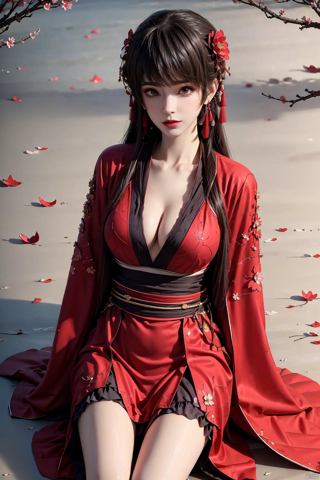  8K image.black hair,GG,1girl, solo, long hair, breasts, looking at viewer, brown hair, black hair, hair ornament, long sleeves, dress, cleavage, jewelry, sitting, flower, earrings, sash, petals, chinese clothes, red dress, bug, butterfly, falling petals, hanfu