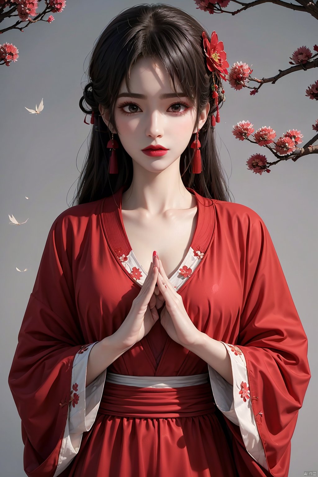  8K image.black hair,GG,,1girl, solo, long hair, looking at viewer, black hair, hair ornament, long sleeves, dress, jewelry, collarbone, upper body, flower, earrings, hair flower, wide sleeves, grey background, nail polish, makeup, chinese clothes, red dress, own hands together, branch, red lips, hanfu