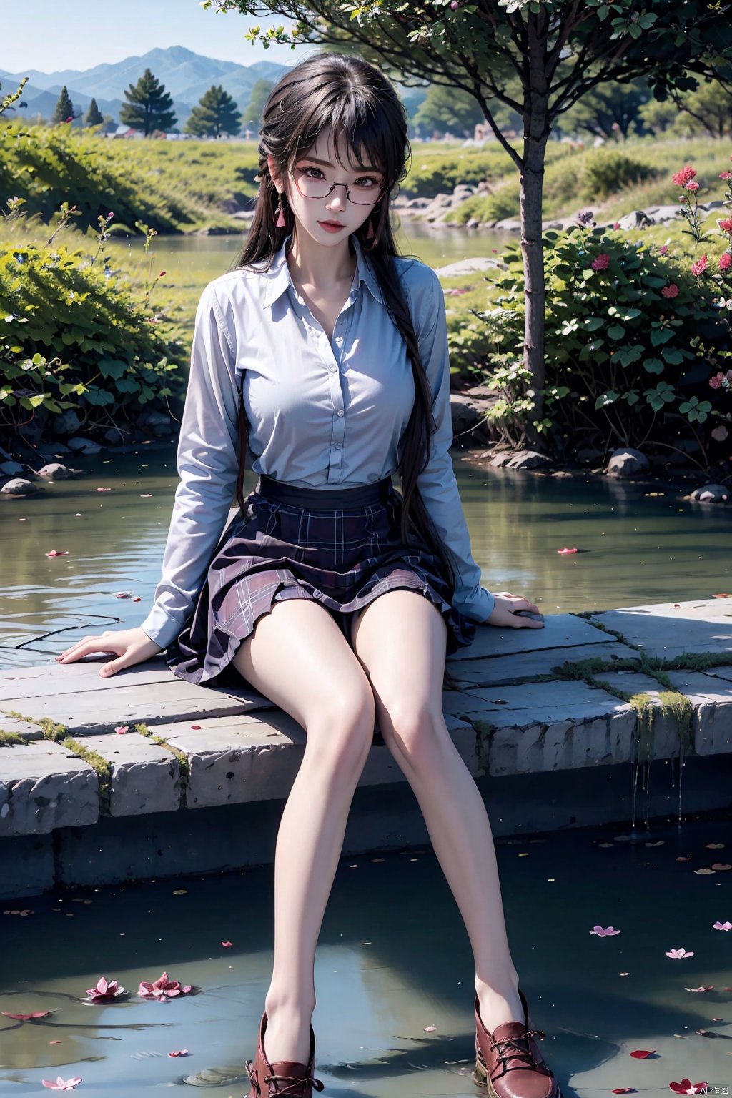  8K image.black hair,GG,1girl, solo, long hair, looking at viewer, skirt, brown hair, shirt, long sleeves, brown eyes, jewelry, sitting, white shirt, flower, earrings, outdoors, shoes, glasses, day, collared shirt, tree, lips, legs, book, plaid, bare legs, plaid skirt, white footwear, grass, pink flower, open book,红怡郡主-永生