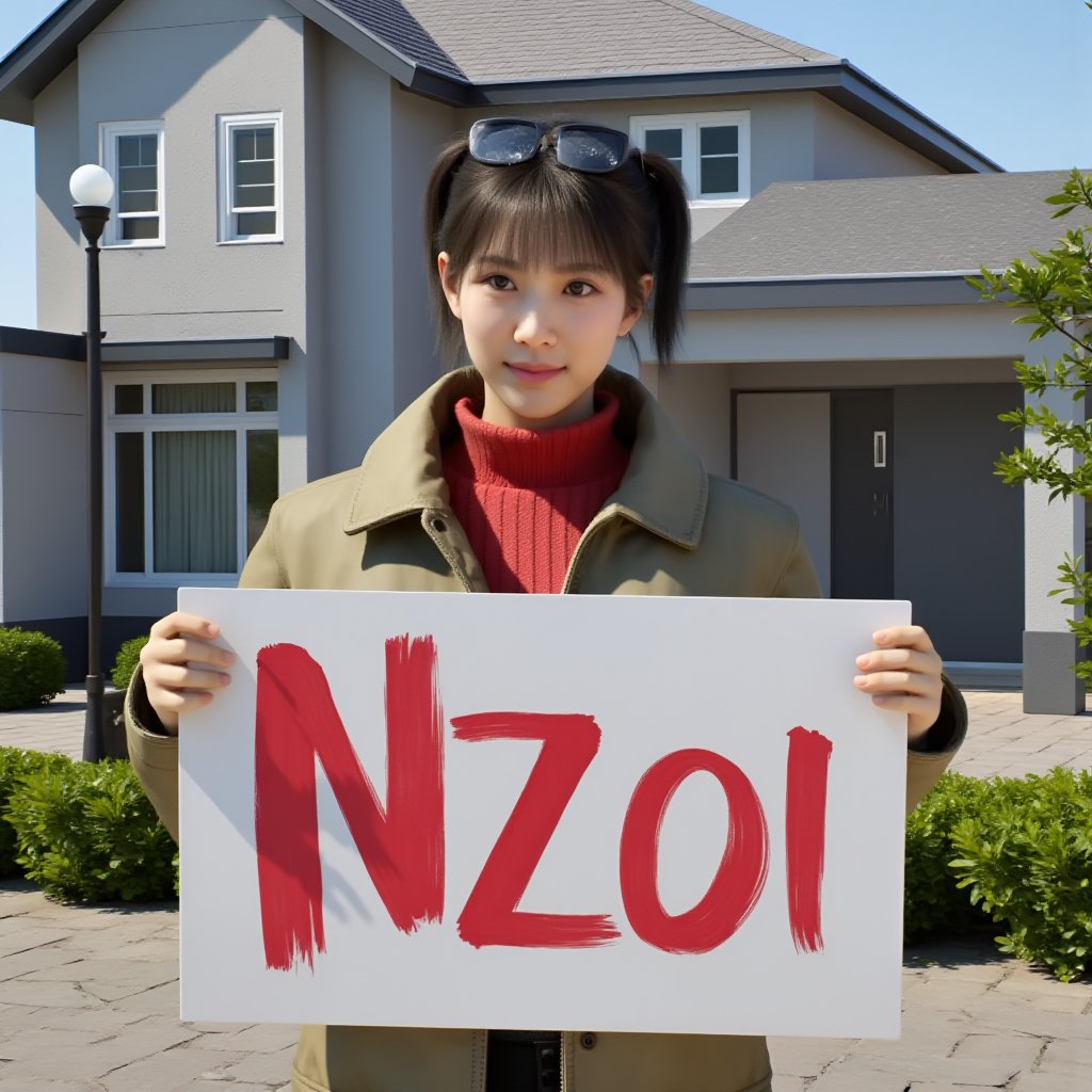 nzoi, cgi rendering image, korean woman hold a sign with the word "NZOI" infront of  a house, outdoor building