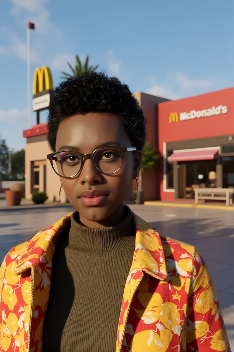 nzoi, cgi rendering image, african woman takes a selfie infront of mcdonalds, outdoor building