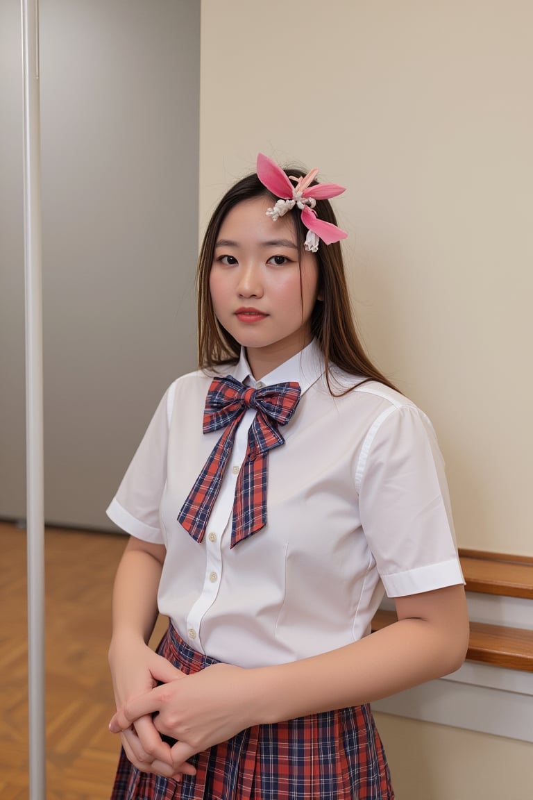 A beautiful young girl wearing a school uniform, long eyelashes, beautiful detailed eyes and lips, in front of classroom,