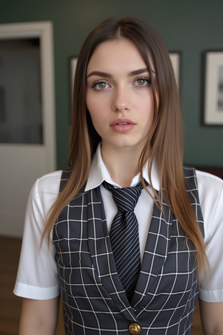 A beautiful young girl wearing a school uniform, long eyelashes, beautiful detailed eyes and lips, at an amusement park with a ferris wheel, carousel, arcade, and rollercoaster in the background, highly detailed, photorealistic, (best quality,8k,highres,masterpiece:1.2),ultra-detailed,(realistic,photorealistic:1.37),HDR,UHD,studio lighting,extreme detail description,vivid colors,professional