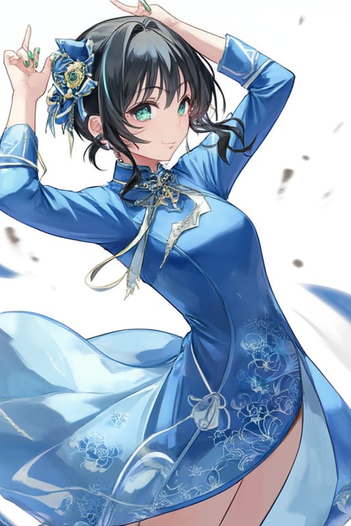 masterpiece, ultra detailed, HD, 

1girl, solo, Anime style, thick outline, blush, short hair, bangs, green crystal eyes, black hair,  hair with two bons, multicolored hair, nail polish, green nails, white background,

Blue cheongsam dress, Blue Mandarin dress, 

dynamic pose, Anime Style