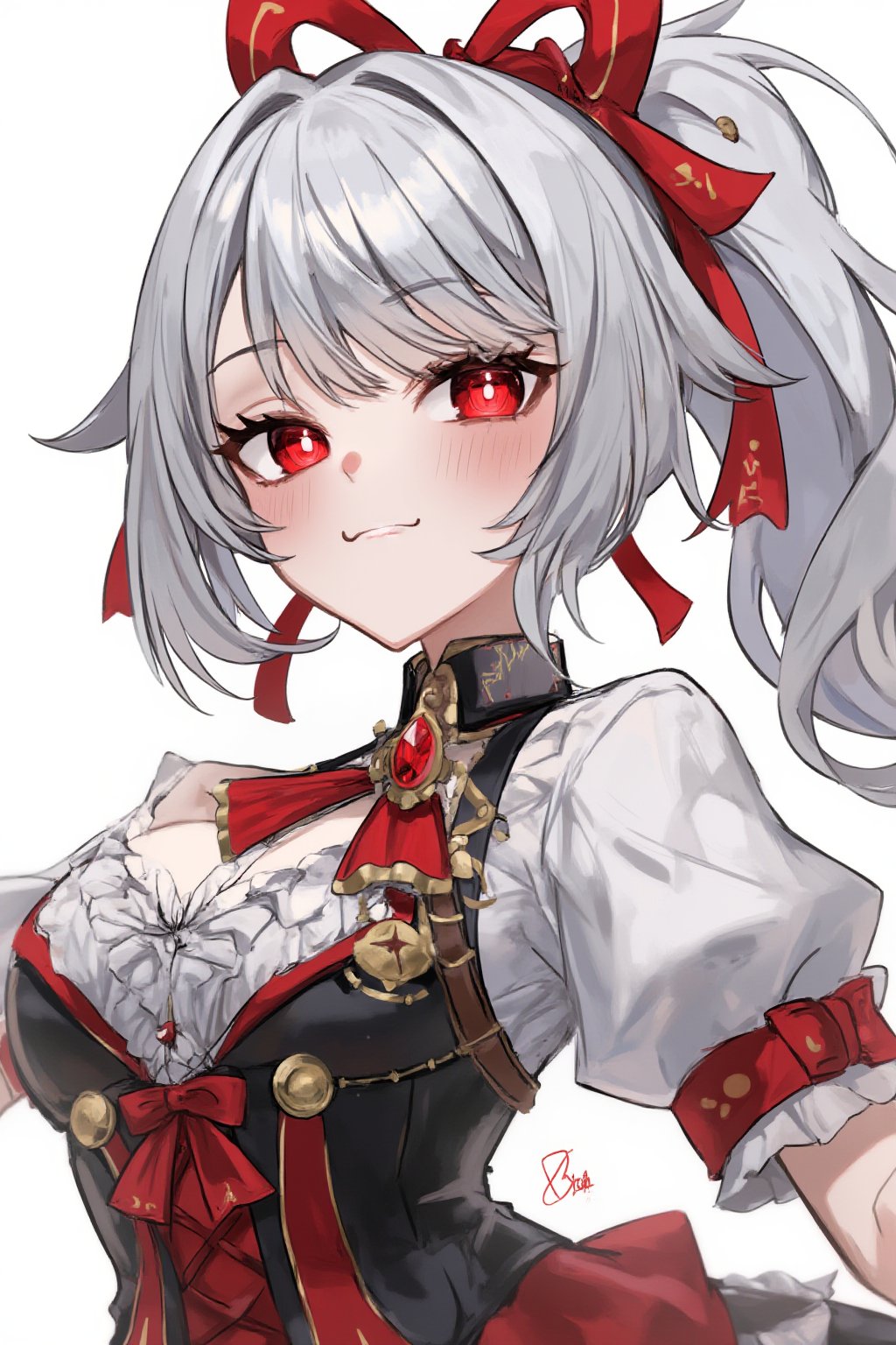 masterpiece, ultra detailed, HD, 

1girl, solo, Anime style, thick outline, blush, pony tail, bangs, red crystal eyes, silver hair,  chunky red highlights, multicolored hair, white background,

Steampunk uniform, 

dynamic pose, Anime Style