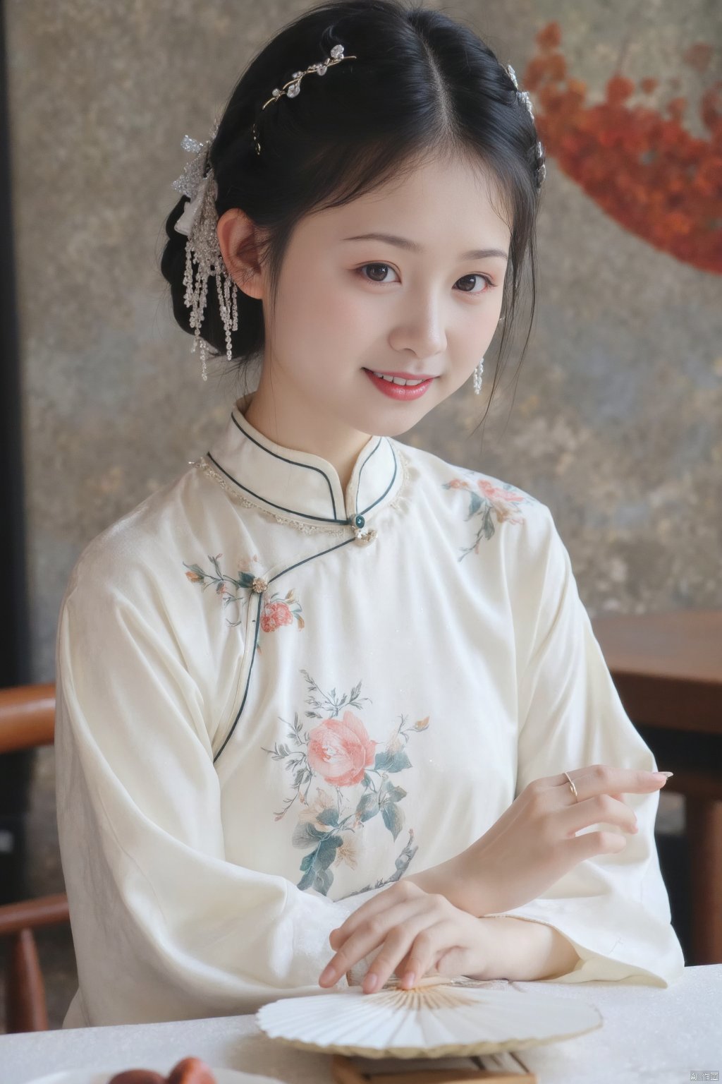 qipao, (1girl:1.3), (best quality, masterpiece, ultra high resolution),(photorealistic:1.3), (realistic:1.3), , jewelry, solo, chinese clothes, realistic, black hair, hand fan, necklace, sitting, dress, bracelet, black eyes, looking at viewer, china dress, chair, paper fan, blurry, earrings, floral print, holding fan, holding, table