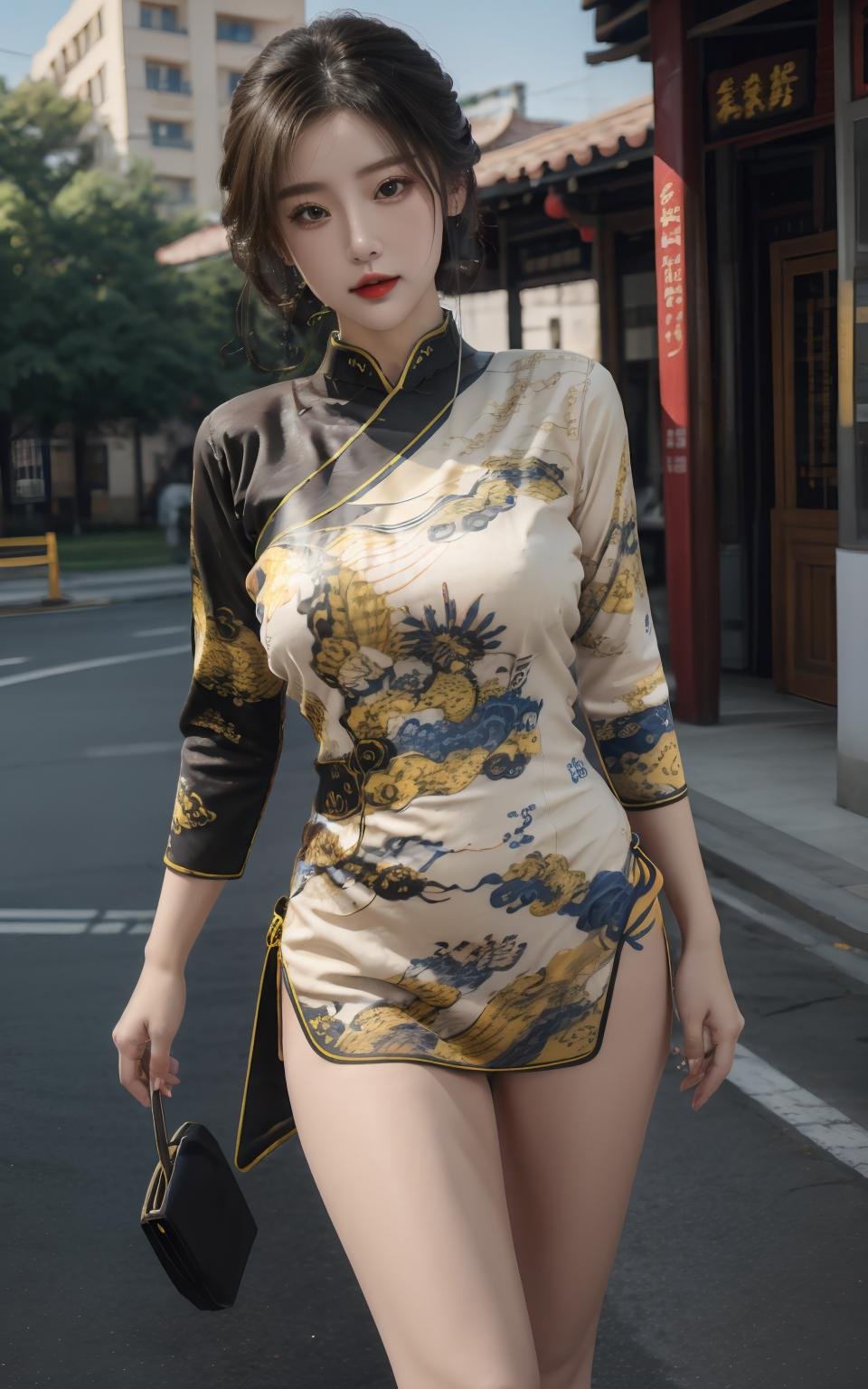 masterpiece,best quality,ultra detailed,photorealistic,1 women,solo,hip up,<lora:qqmix:0.6>,qqmix,<lora:dragon cheongsam:0.7>,dragon cheongsam,short cheongsam,cleavage,thick thighs,thighs tattoo,outdoor,