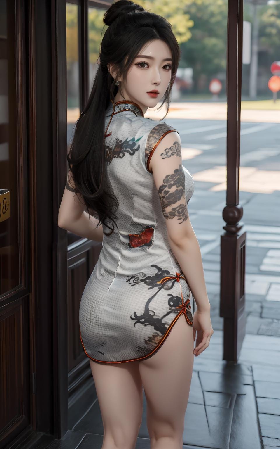 masterpiece,best quality,ultra detailed,photorealistic,1 women,solo,hip up,<lora:lxmix:0.6>,lxmix,<lora:dragon cheongsam:0.7>,from behind,dragon cheongsam,short cheongsam,thick thighs,thighs tattoo,outdoor,