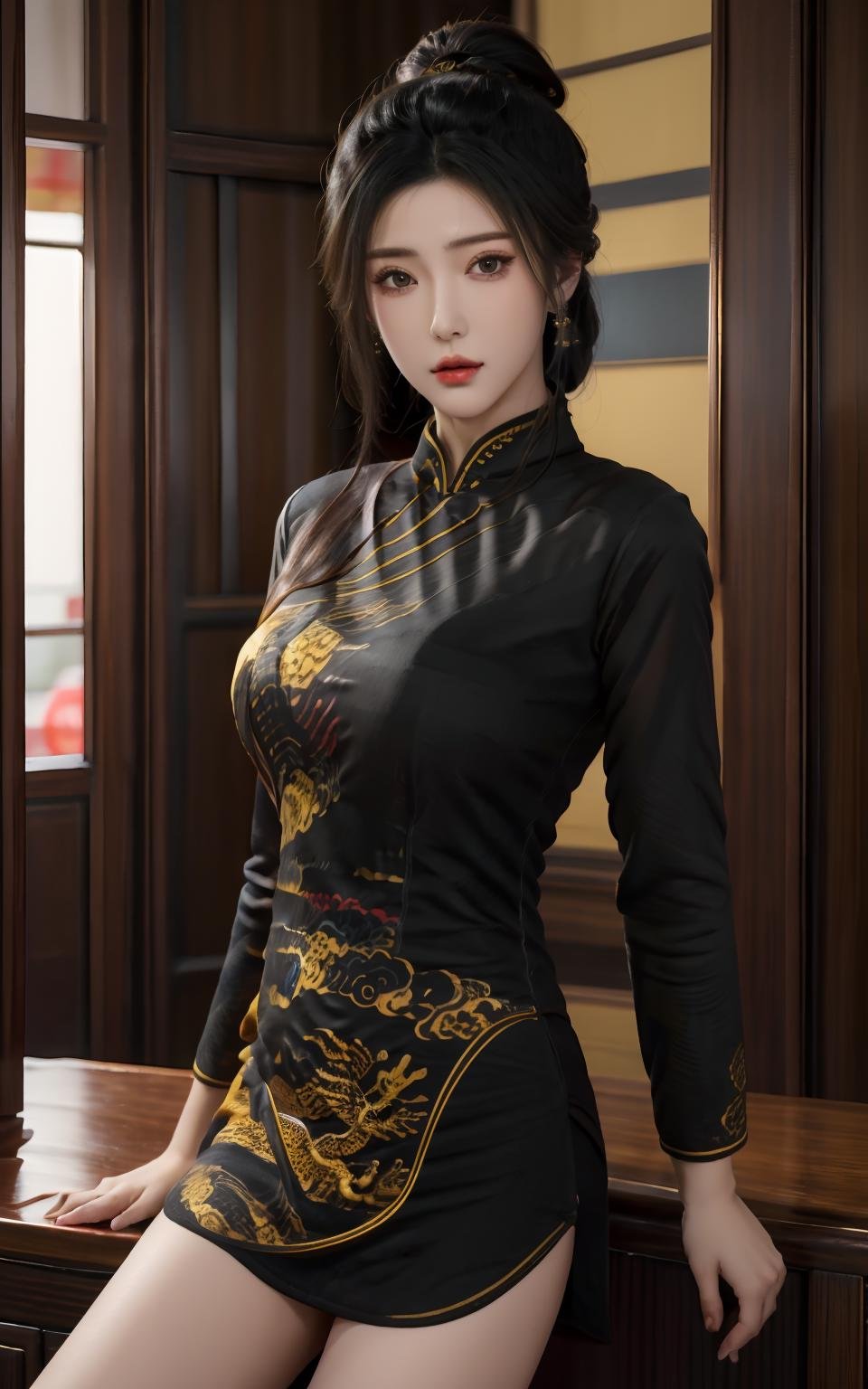 masterpiece,best quality,ultra detailed,photorealistic,1 women,solo,hip up,<lora:lxmix:0.7>,lxmix,<lora:dragon cheongsam:0.8>,dragon cheongsam,black cheongsam,