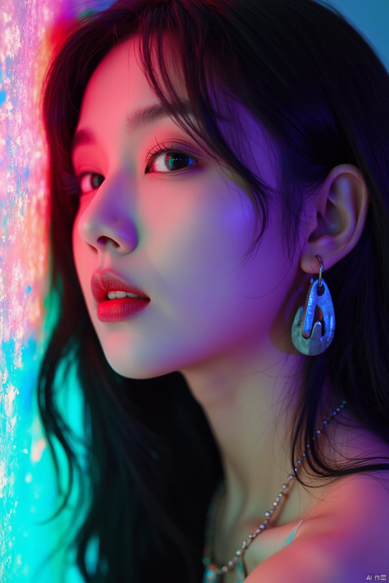 abstract neon slpash ink image in vivid, surreal iridescent colours, closeup side portrait of cyberpunk korean woman, red lips, long loose hair, earrings, necklaces,