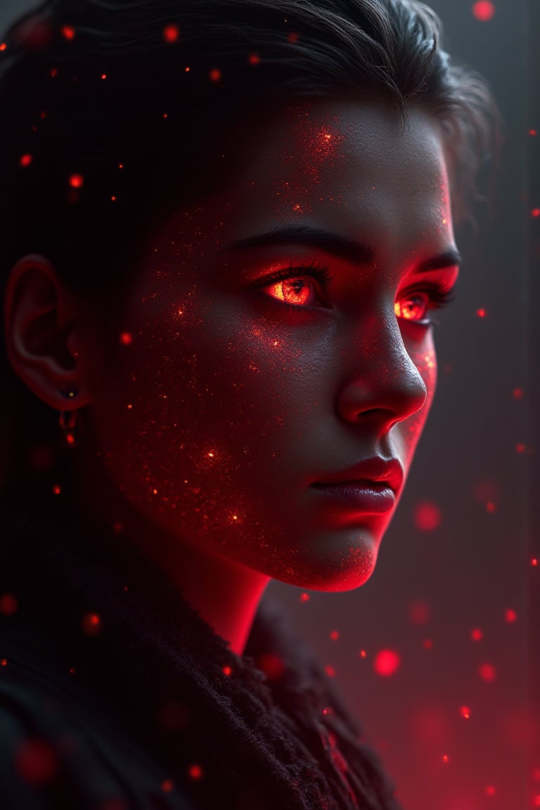 symmetric close up of a female full body, evil cursed necromancer, features dissolving into red curse magic, luminescent red lines, Weighted Voronoi stippling, laser caustics, hyper realistic detail, quantum-inspired forms, red hues, existential transition, close-up on face, twilight red cursed backdrop, blazing winds, tattered robes, photo realism, ghostly Northern Lights, darkness, menacing, Nordic myths, hyper realistic