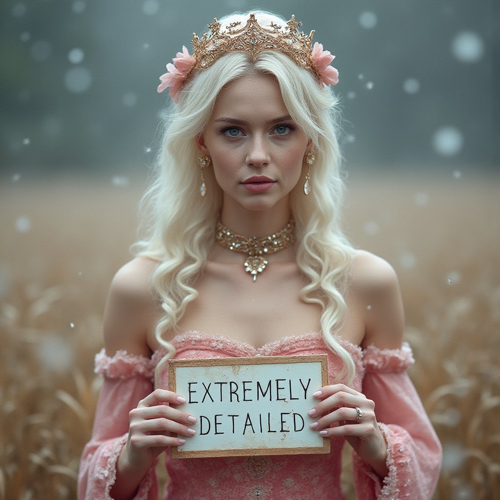 Real sharp photo, snowing, snowflakes in the air, blurred background, Black, pink, fuchsia, red portrait of a gorgeous princess with white hair, holding a sign that says "EXTREMELY DETAILED", white milky makeup, ethnic dress with floral gowns, hair ornament made of blooming flowers, crystals, blurry background, tiara, earrings, facing the viewer stands amidst snowflakes, rose gold minerals, shiny aura, highly detailed, frozen organically grown crystals, gold and pearl filigree, intricate motifs, organic tracery. A mesmerizingly enchanting scene unfolds in this cinematic film still. The image, likely a photograph, is highly detailed, realistic, and dreamlike. The woman radiates a magical quality, in the lush, vibrant field surrounding her. The overall effect is breathtaking and truly captivating, inviting viewers to lose themselves in the allure of this enchanting moment.