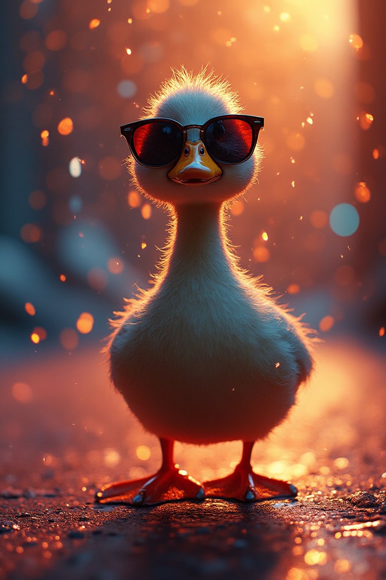 (A cool duck) stands proudly, wearing (reflective sunglasses) that catch the vibrant hues of a nearby shimmering surface. The (glittering particles) in the background create a radiant display of colors, ranging from (fiery reds and oranges) to (cool blues and purples), casting a mesmerizing glow. The duck’s playful expression and (confident pose) blend seamlessly with the surreal, luminous environment. [Soft, blurred lights] fill the air, enhancing the sense of magic and wonder in this (dreamlike scene), as if the duck is part of a colorful, enchanted realm where light and fun collide