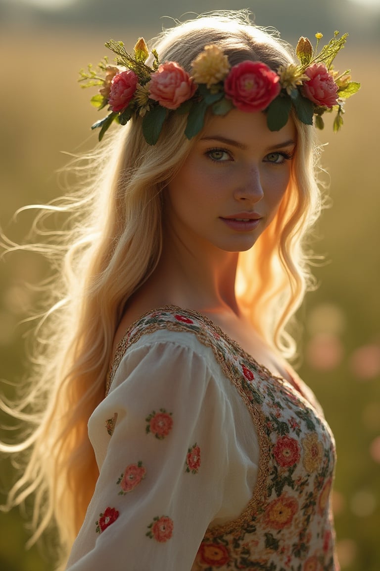 Beautiful young woman, blonde, in a dress with ornament of multicolored embroidery, on her head a wreath of flowers, shot in honor of traditional Ukrainian culture by Alexander Vasyukov outdoors in a field of wildflowers in bright natural sunlight, high detail, sharp focus, ultra-high resolution details, high quality photo, photorealistic