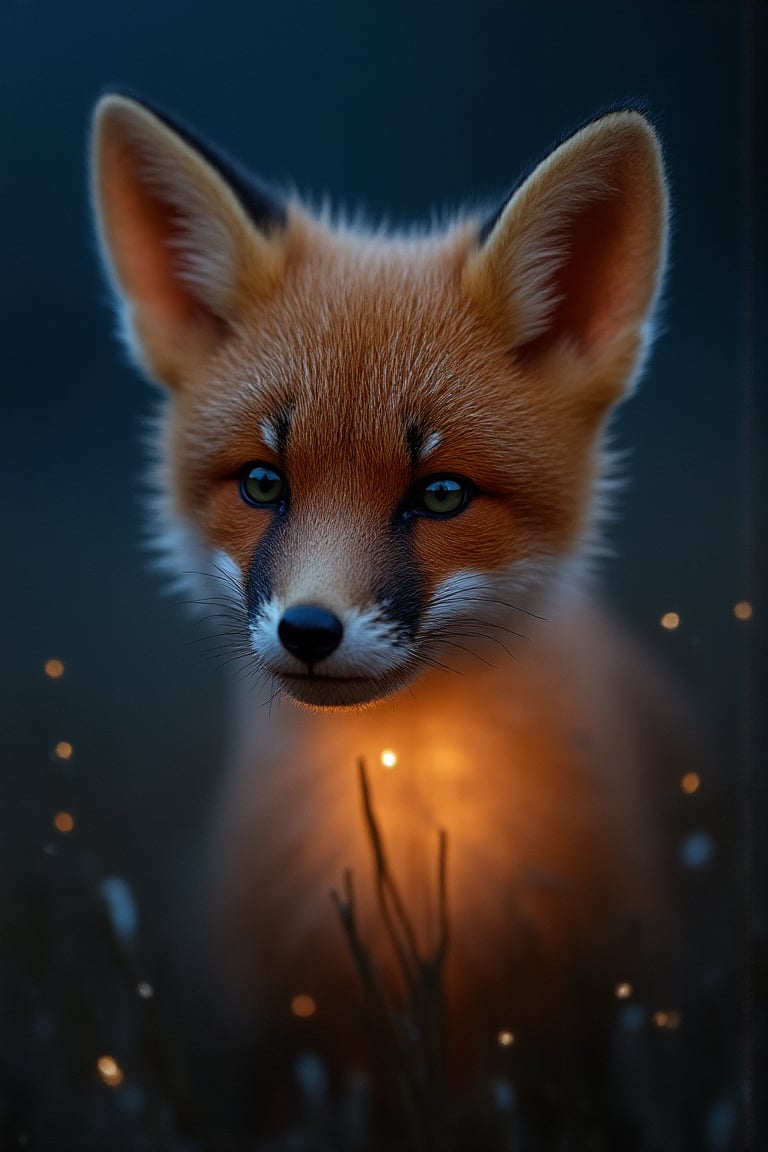 A close-up of a young fox with glowing eyes and soft fur that radiates a faint, magical light. The background is filled with the twinkling stars of Dreamstar, blending cosmic blues and oranges, as the fox curiously gazes into the distance, its features illuminated by the ethereal glow.