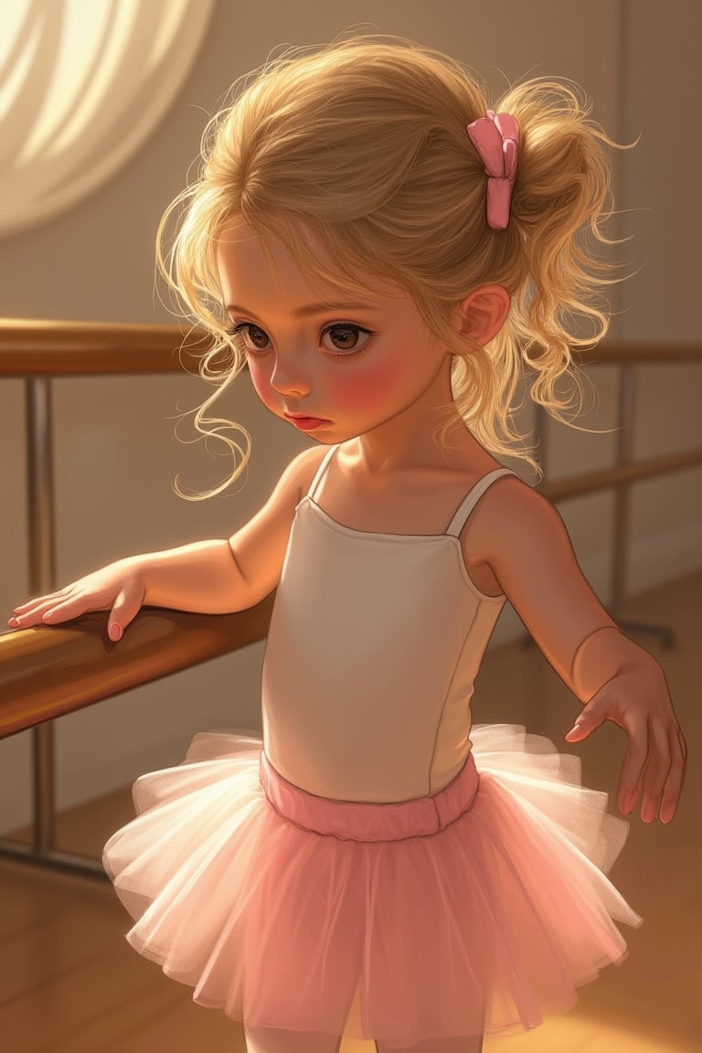 A tender moment captured in a warm, golden-lit studio setting. A little girl, no more than 6 years old, stands on tiptoes, her tiny hands grasping the edge of a ballet barre. Her curly blonde hair is tied back with a soft pink bow, and she wears a delicate white leotard and pink tutu. Her eyes are focused intently on the mirror in front of her, her nose scrunched up in concentration as she practices her pliés. shading lineart, shading, lineart, 2.5D, illustration, portrait, closeup, Score_9, Score_8_up, Score_7_up, behance work, intricate, vibrant color, High quality, 8k hd, best quality, detailed skin texture, complicated, 8k ultra hd, high resolution, high definition, excellent quality, stunning image, volumetric lighting, detail quality Enhancer,