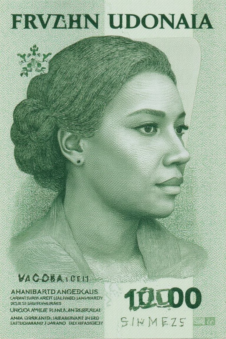 idr_rupiah, money engraving, portrait of african woman in green tone , 1000