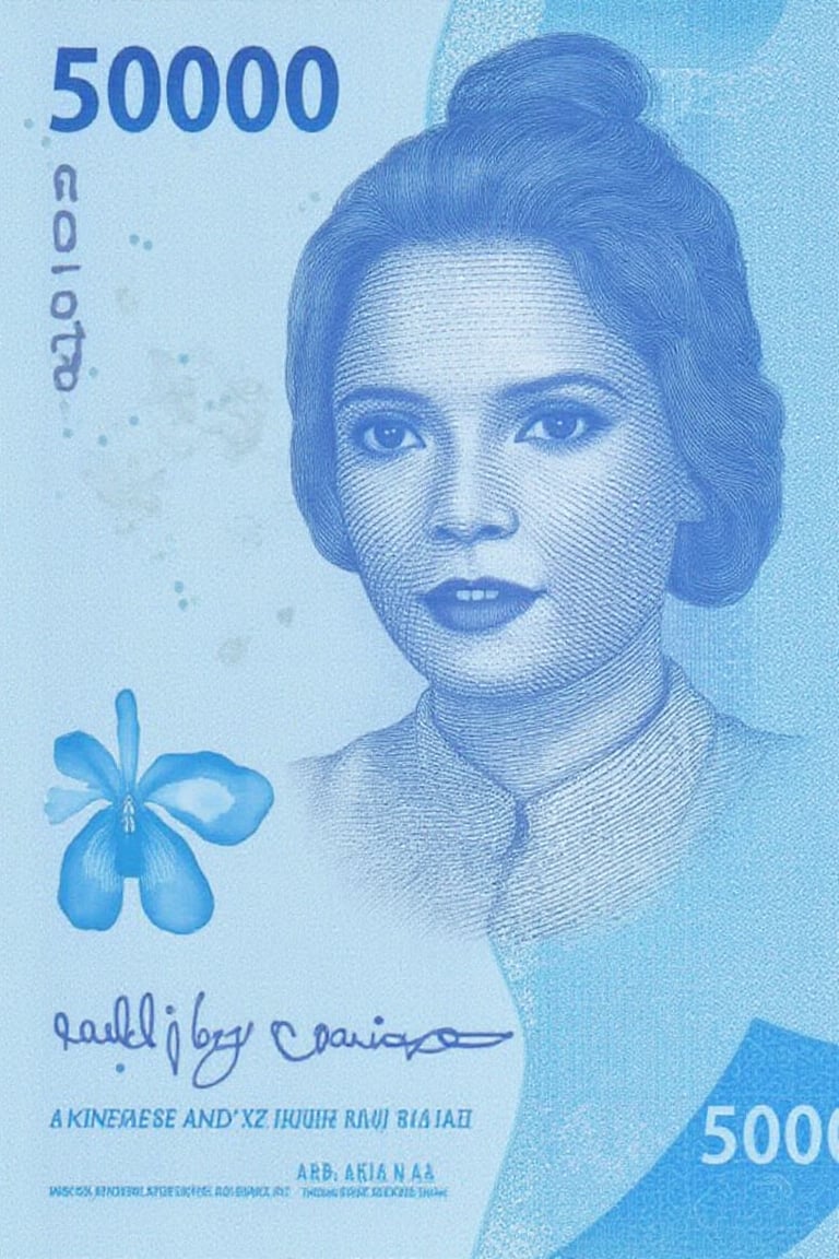 idr_rupiah, money engraving style, lima puluh ribu rupiah, text "50000",  of beautiful woman in blue tone