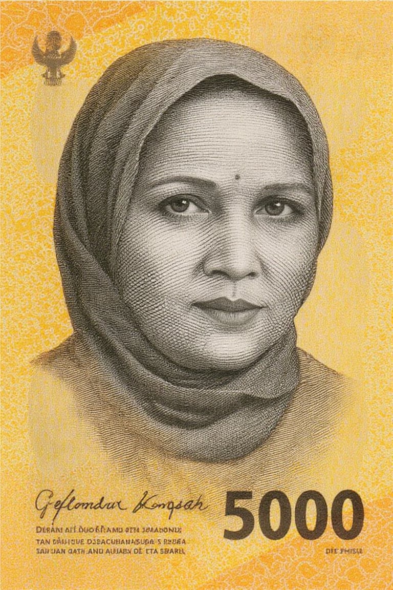 idr_rupiah, money engraving, portrait of arabic woman in yellow tone , 5000