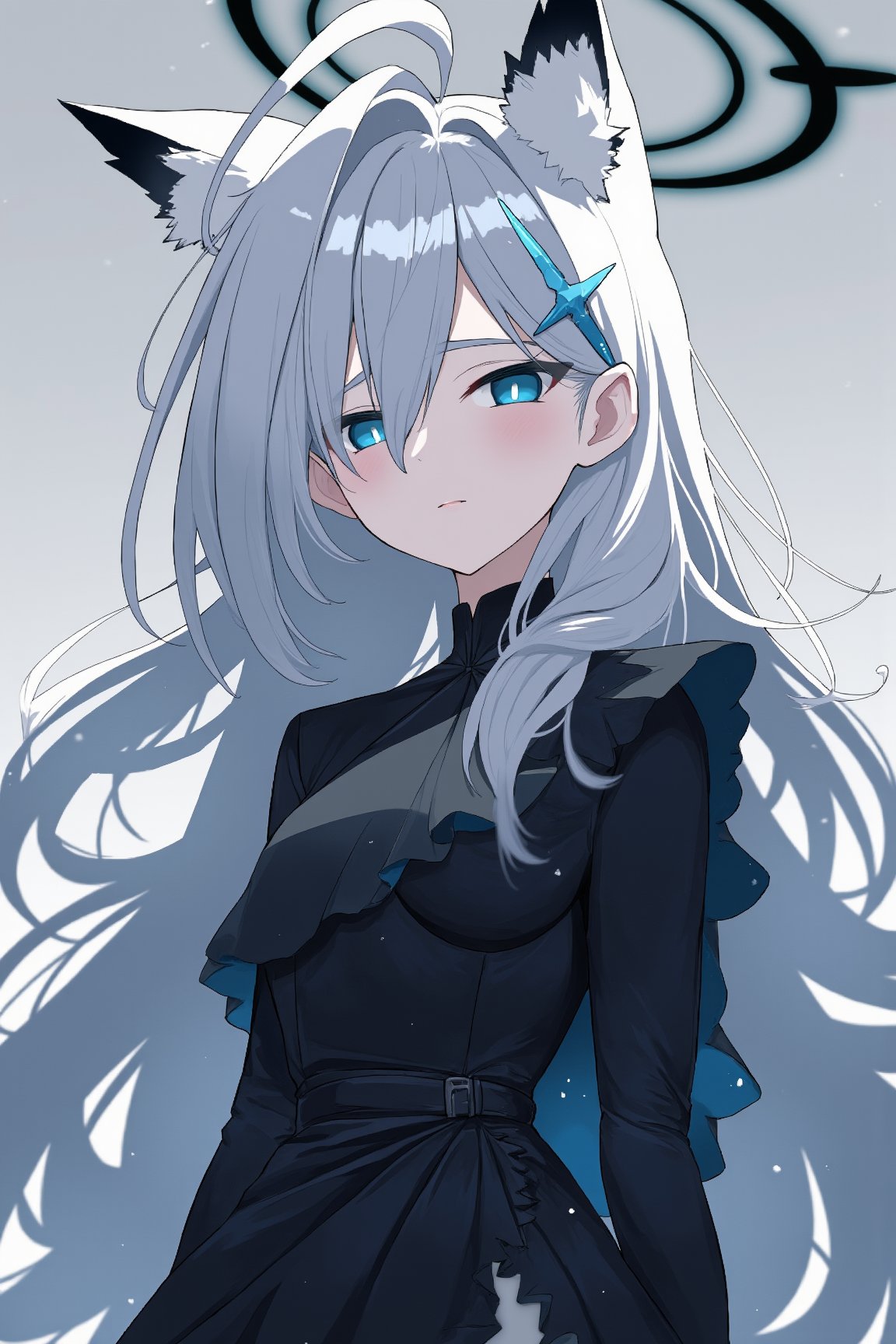 Shiroko_Terror_Ai, a girl with wolf ears, animal ears, fur on her ears, long black dress, black halo on her head and destroyed, hair ornament in the shape of a churz. blue eyed girl