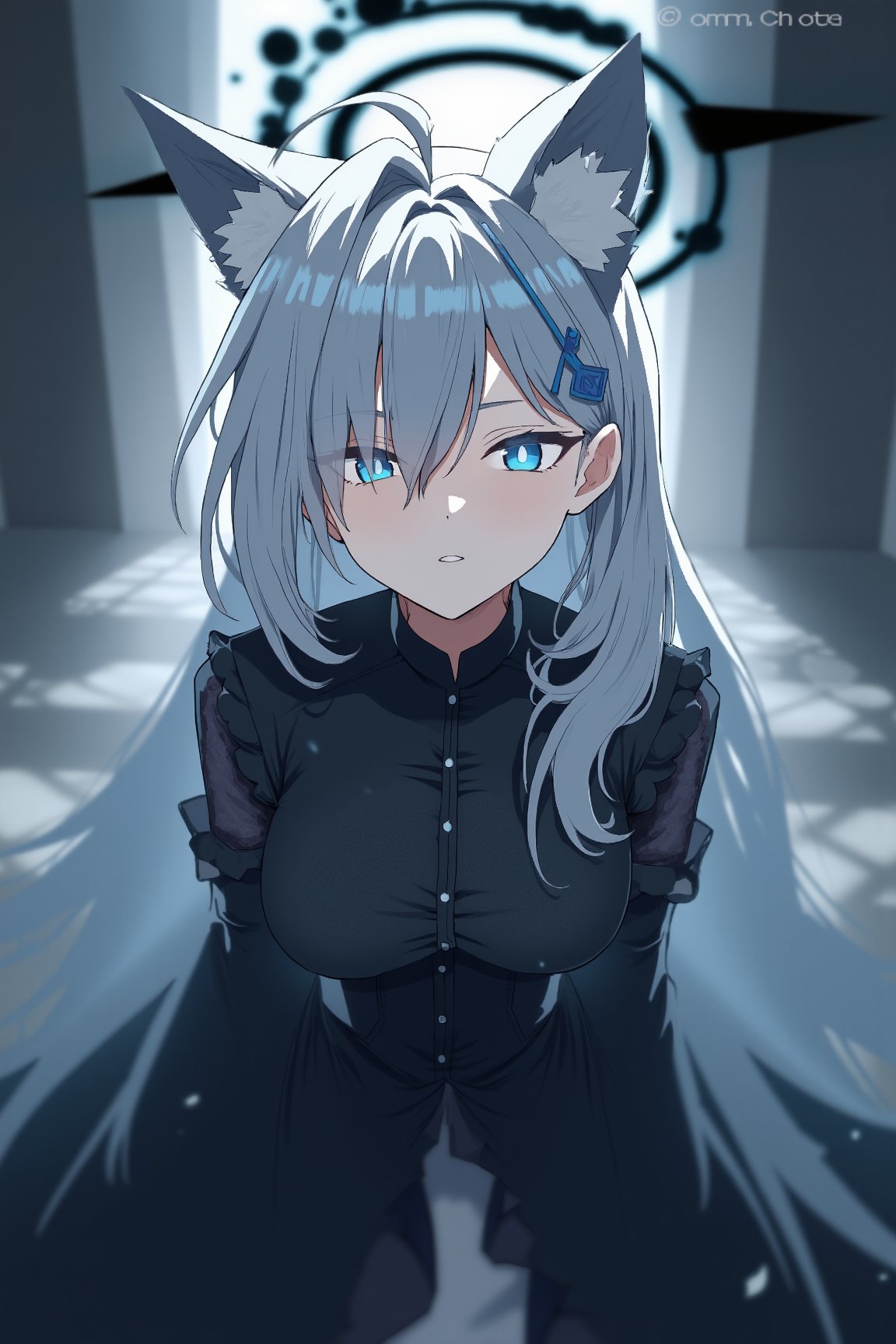 Shiroko_Terror_Ai, a girl with wolf ears, animal ears, fur on her ears, long black dress, black halo on her head and destroyed, hair ornament in the shape of a churz. blue eyed girl