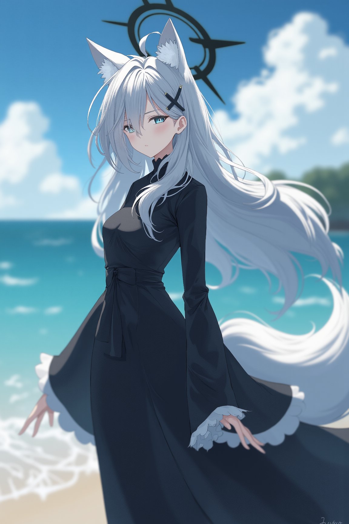 Shiroko_Terror_Ai, a girl with wolf ears, animal ears, fur on her ears, long black dress, black halo on her head and destroyed, hair ornament in the shape of a churz. blue eyed girl,in the beach