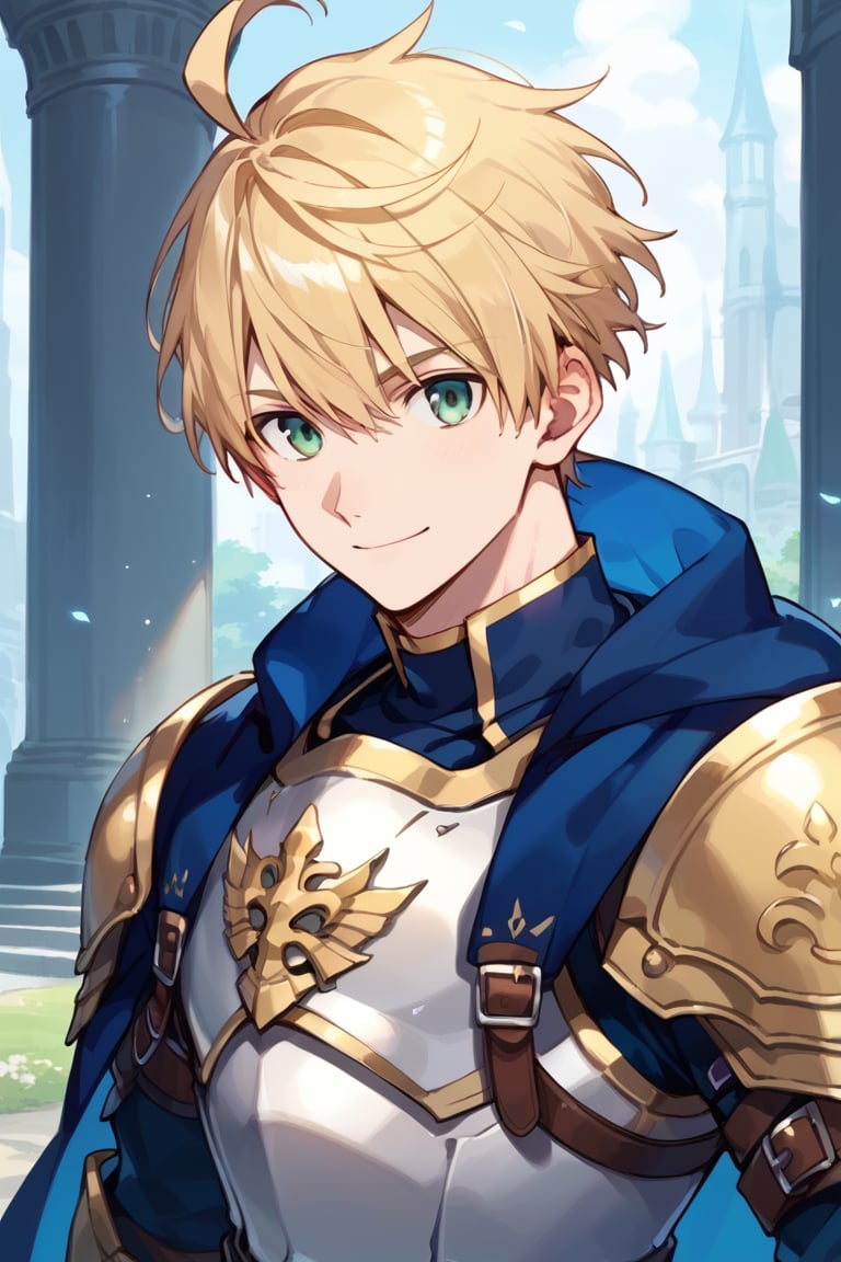 score_9, score_8_up, score_7_up, best quality, source_anime, male focus, looking at viewer, 1boy, smile, upper body, face close up,
arthur pendragon, blond hair, green eyes, ahoge,
(male:1.2), toned male, armor, cape, breastplate, pauldrons,