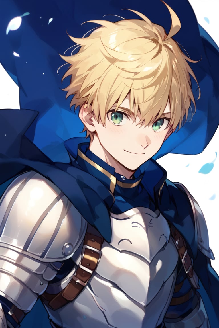 score_9, score_8_up, score_7_up, best quality, source_anime, male focus, looking at viewer, 1boy, smile, upper body, face close up,
arthur pendragon, blond hair, green eyes, ahoge,
male, toned male, armor, cape, breastplate, pauldrons