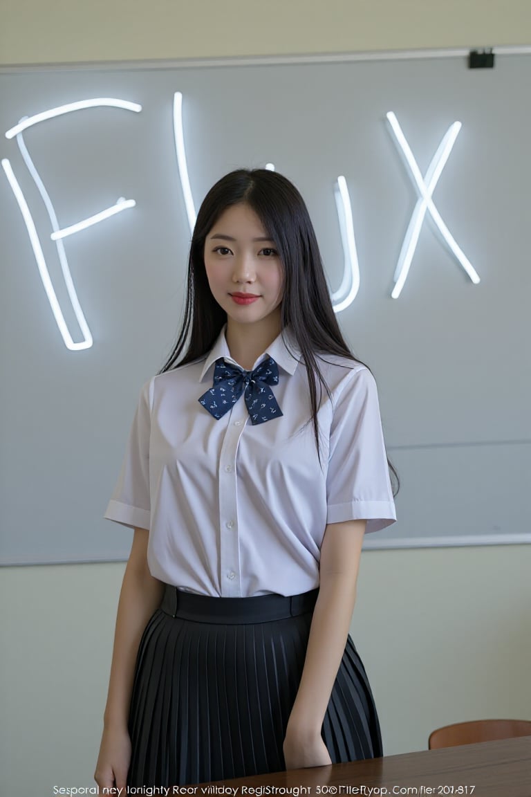 1girl, wearing school uniform, classroom, text "Flux" on white board