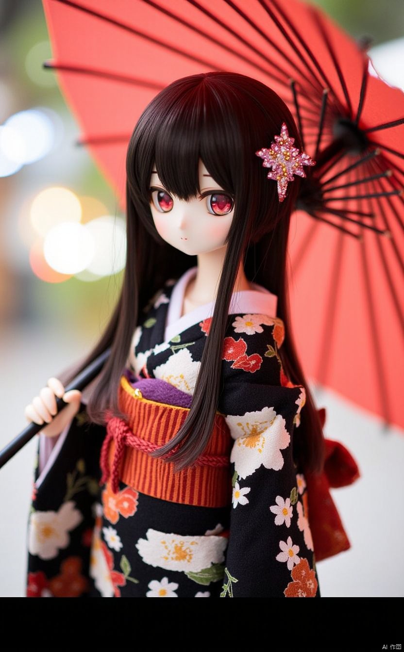 dim1 dim1-ff40745b5cMI. dim2 dim2-1 dim2-1-a0. dim3 dim3-portrait. 1girl. japanese clothes. solo. kimono. umbrella. red eyes. black hair. oil-paper umbrella. floral print. black kimono. long hair. blurry. looking at viewer. obi. hair ornament. letterboxed. sash. head tilt. depth of field