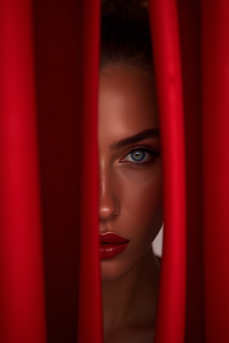 (Best quality, 8k, 32k, Masterpiece, UHD:1.2), woman with blue eyes is ((hiding behind a red curtain))(many curtains), fine art fashion photography, by William Berra, award winning fashion photo, best of behance, fashion color studio, ranking, artgem and Patrick DeMarchelierm Warwick Saint, lighting, (film still from movie Dune-2021), photograph by Albert Watson, cinematic lighting photography, and attractive features, eyes, eyelid, focus, depth of field, film grain, ray tracing, ((contrast lipstick)), slim model, detailed natural real skin texture, visible skin pores, anatomically correct