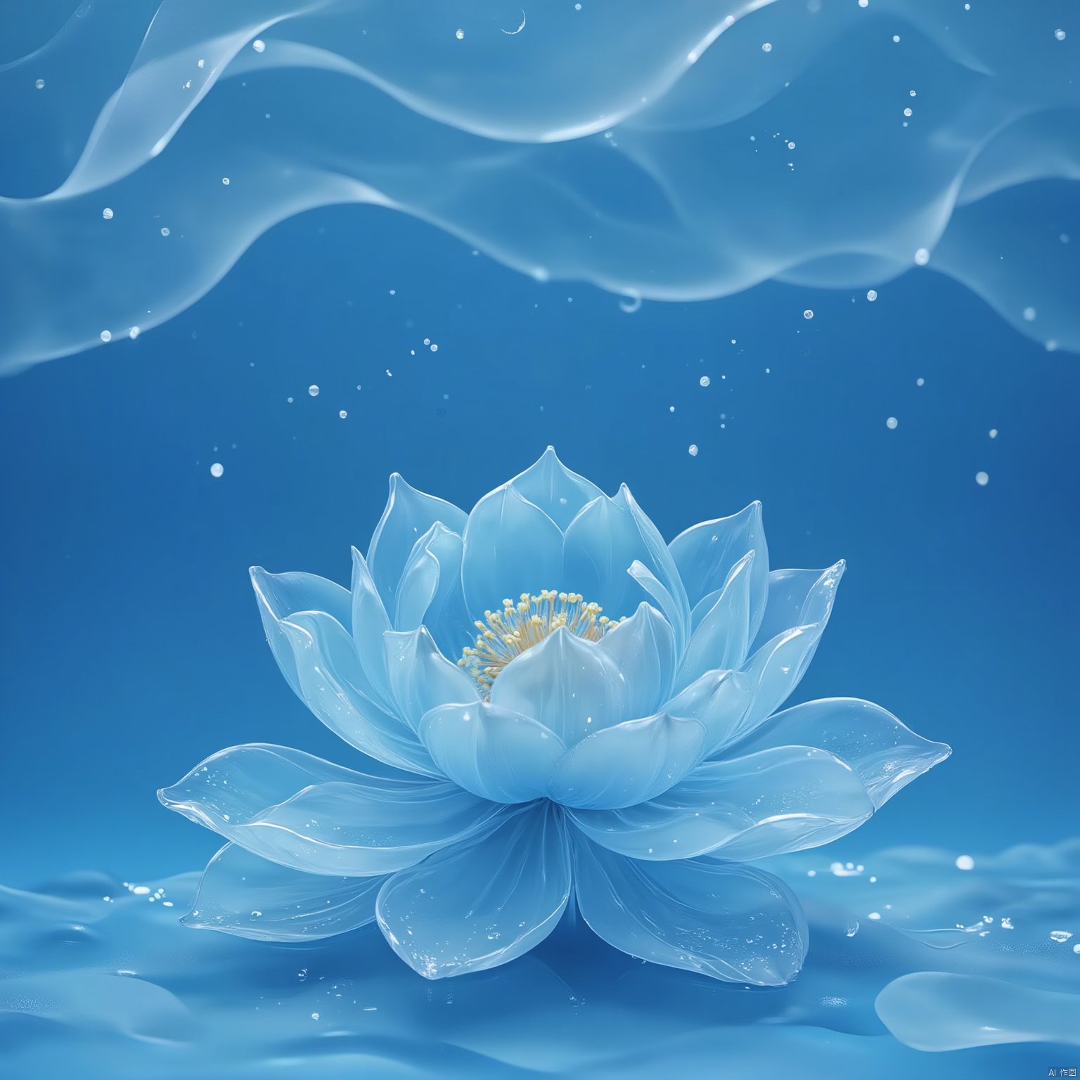 Flowers bloom
An eye-level view of a light blue water-filled lotus flower. The petals of the flower are covered in water droplets
and the petals are adorned with tiny yellow stamens. The background of the image is a deep blue
with wavy white lines running across it. The sky above the flower is a lighter shade of blue
and there are small white dots scattered throughout the image
adding a pop of color to the scene.